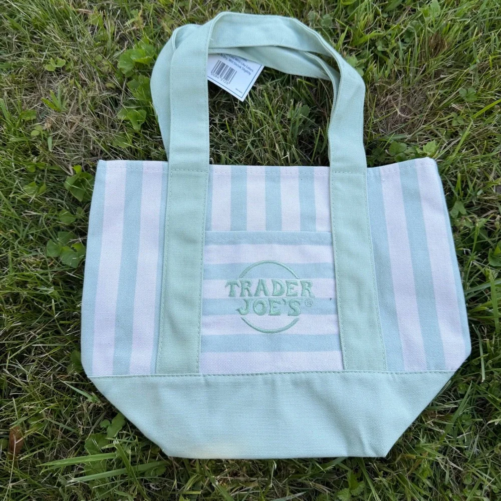 Trader Joes Mini Canvas‎ Tote Bag Mint Green White Striped Limited Edition NWT